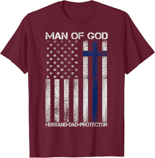 Religious Cross Fathers Day Man of God Husband Dad Protector T-Shirt - T-Shirt | Maroon