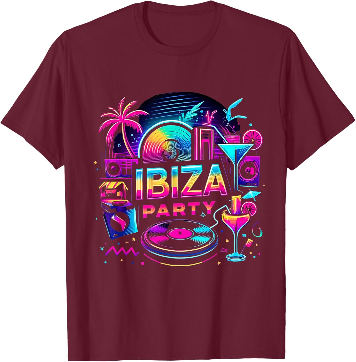 Ibiza Party Outfit - Vibrant Beach Vibes for Nightlife , Black, S T-Shirt - T-Shirt | Maroon