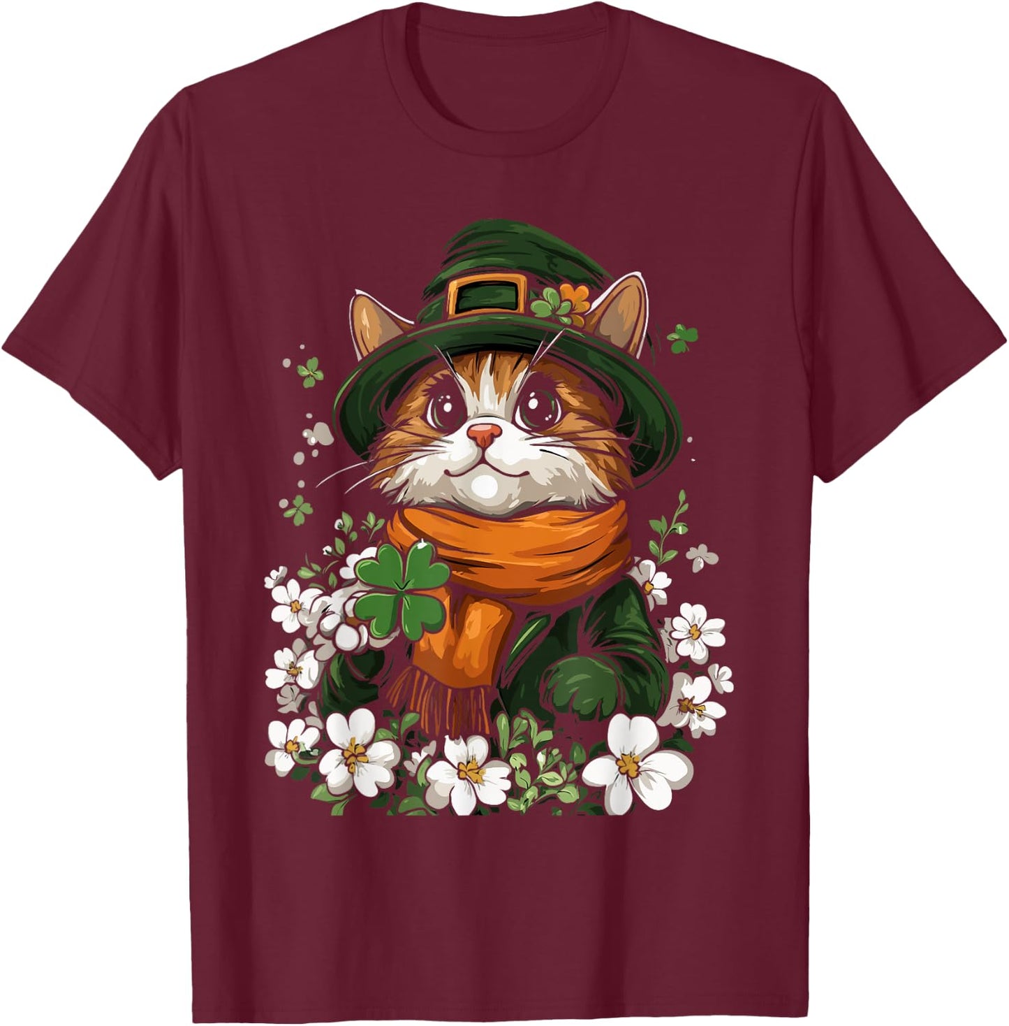 Leprechaun Cat Shamrock Girls Boys Kids St Patricks Day Cat T-Shirt - T-Shirt | Maroon