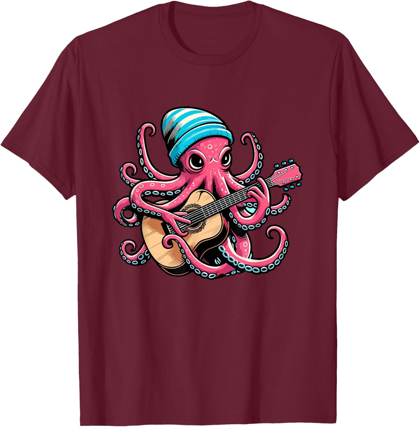 Funny Octopus Playing Acoustic Guitar Shirt For Guitarist T-Shirt - T-Shirt | Maroon