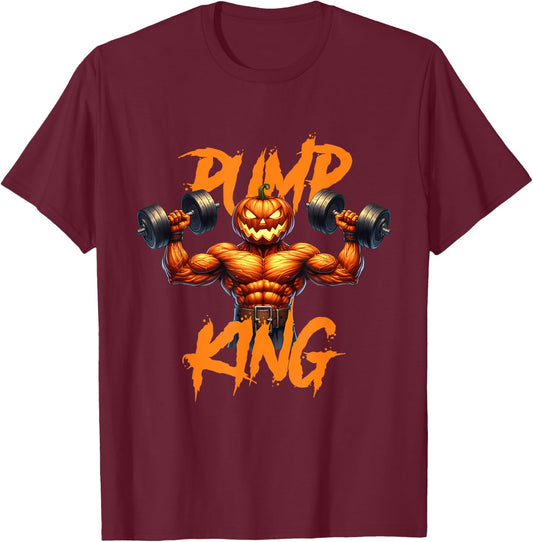 Pump King Gym Workout Lifting Pumpkin Pun Funny Halloween T-Shirt - T-Shirt | Maroon
