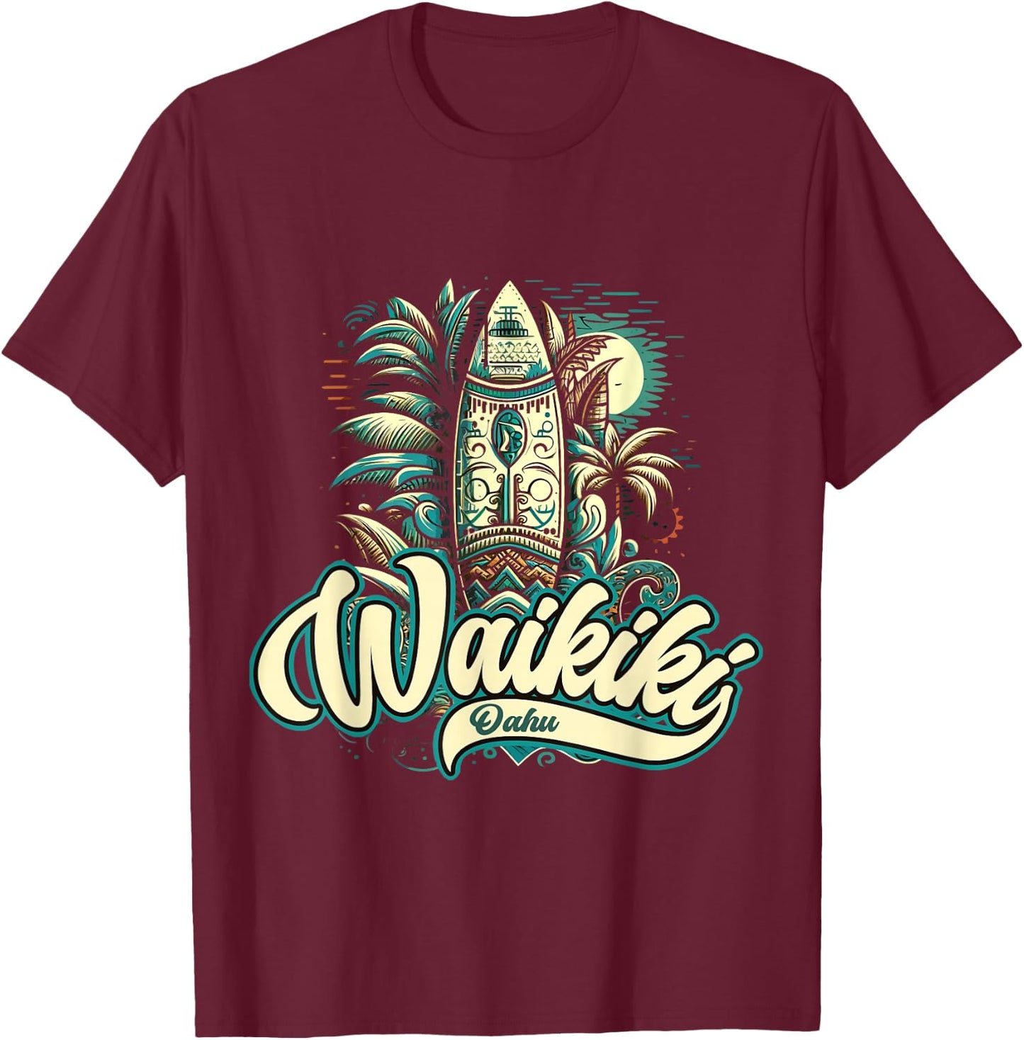 Waikiki Beach Polynesian Surf Hawaii , Black, S T-Shirt - T-Shirt | Maroon