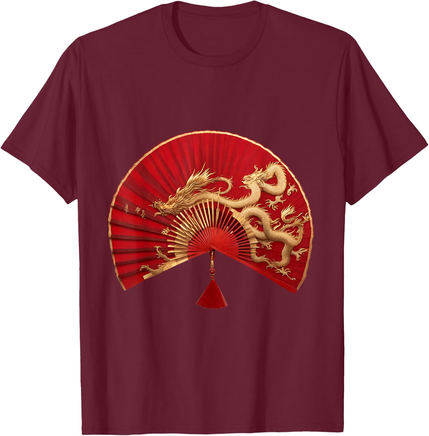 Chinese Asian red gold fan dragons Gift mom T-Shirt - T-Shirt | Maroon