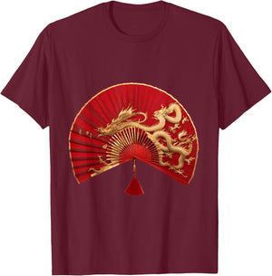 Chinese Asian red gold fan dragons Gift mom T-Shirt - T-Shirt | Maroon