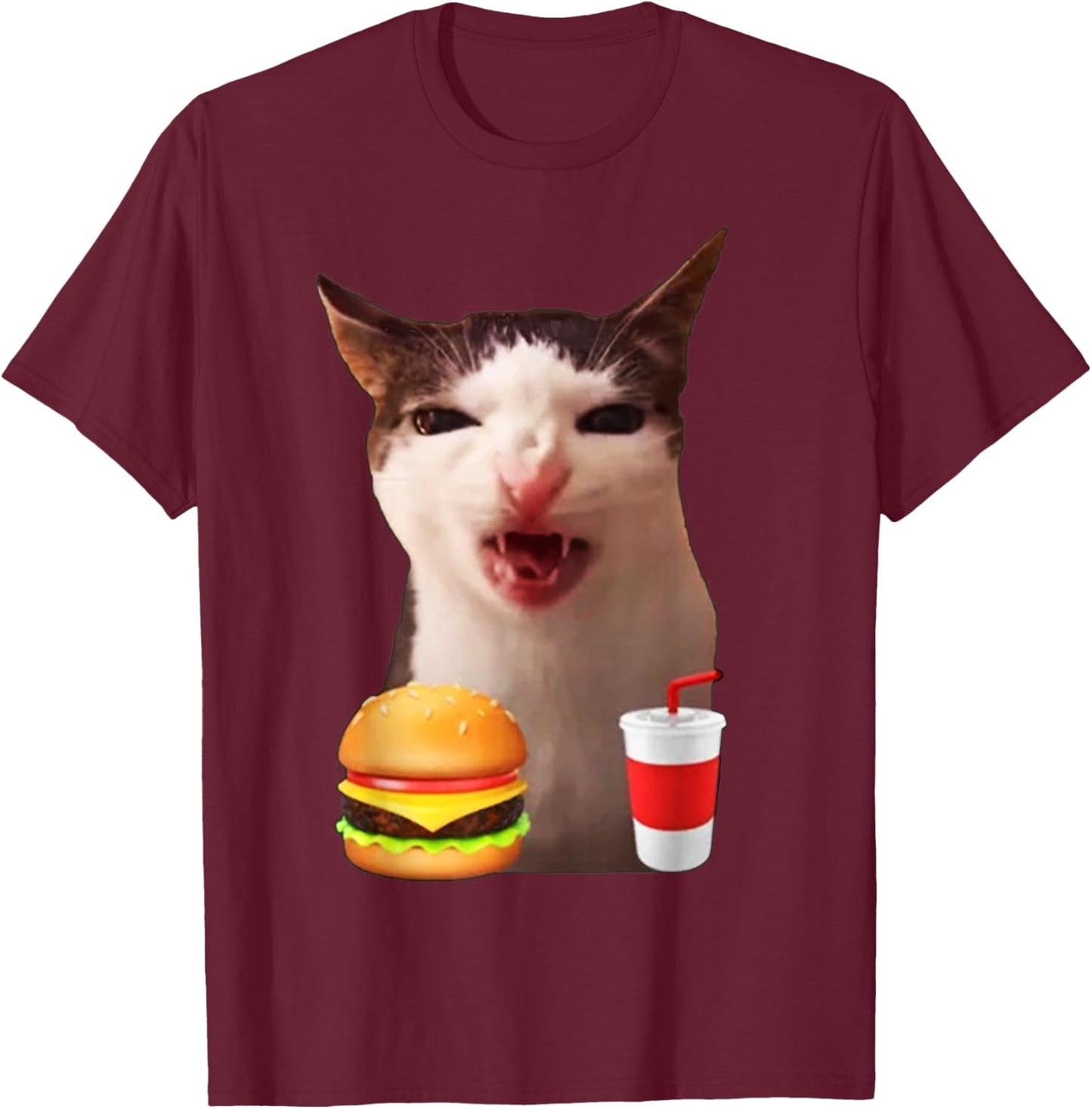 Cat Crunching Food Meme T-Shirt - T-Shirt | Maroon