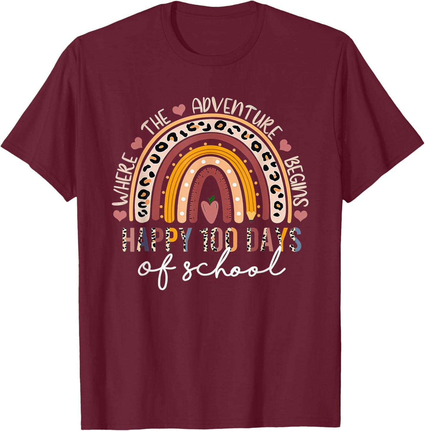 100th Day Of School Teacher 100 Days Rainbow Leopard Boho T-Shirt - T-Shirt | Maroon
