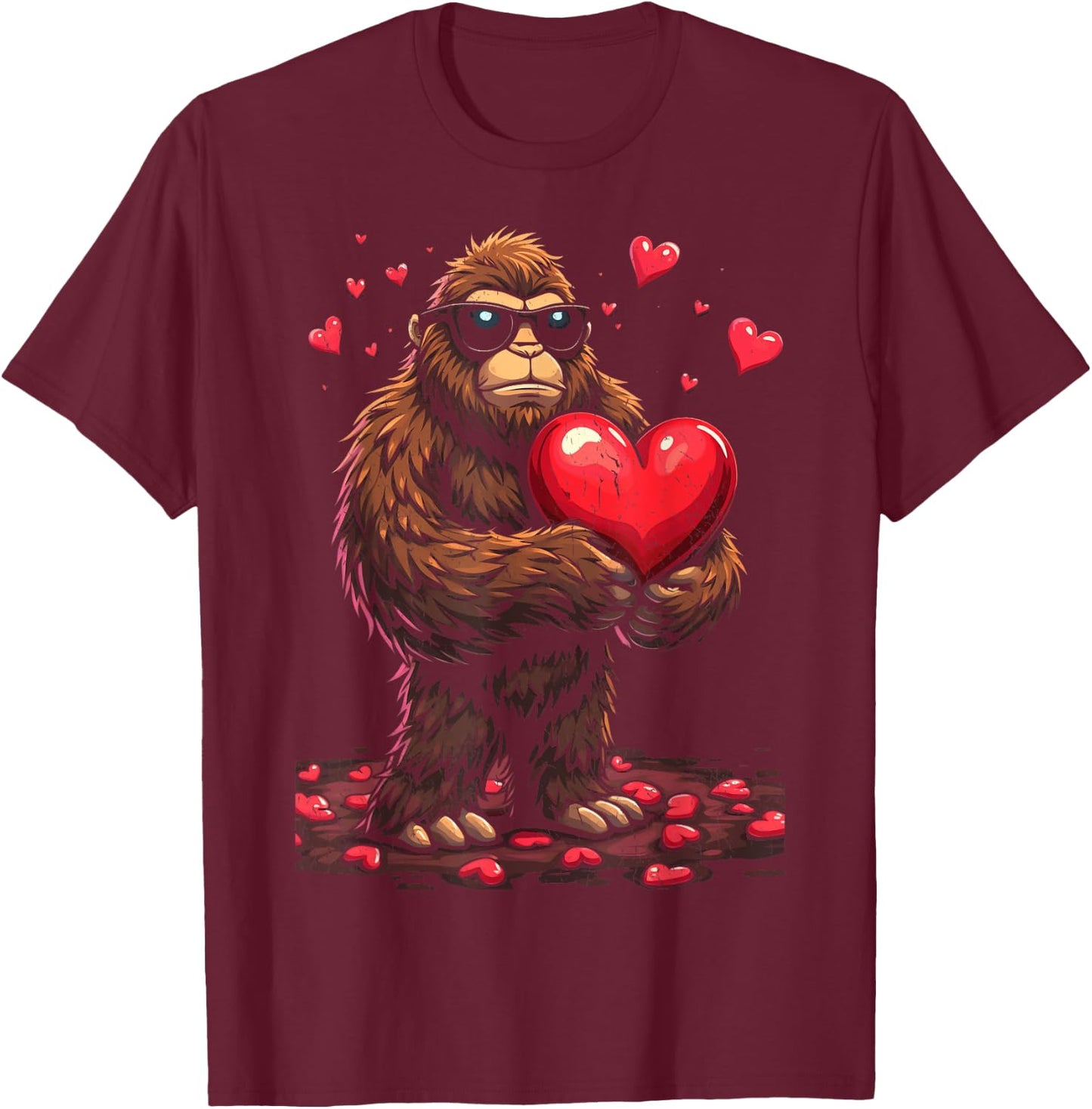 Sunglasses Bigfoot Heart Valentines Day For Boys Men T-Shirt - T-Shirt | Maroon