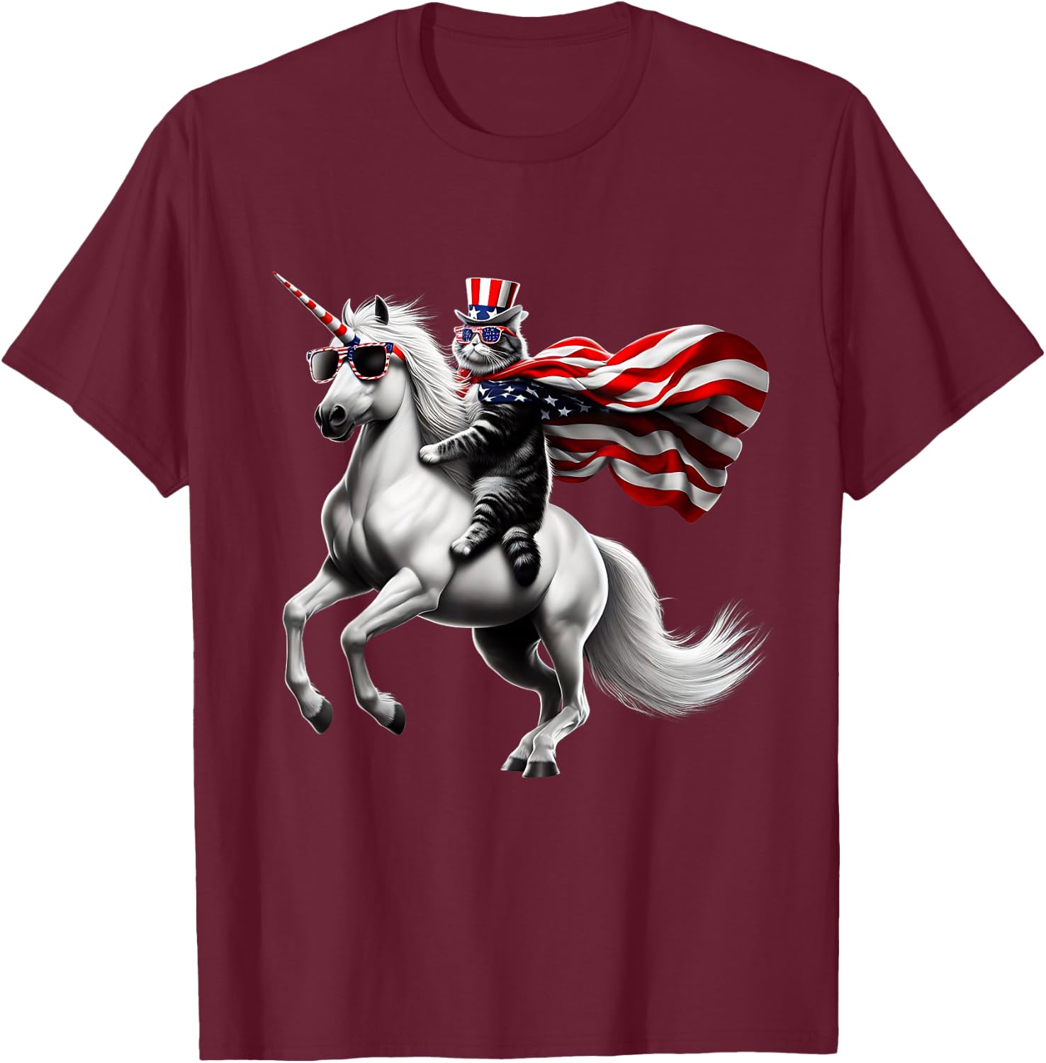 Cat riding Unicorn usa flag Patriotic 4th of July T-Shirt - T-Shirt | Maroon