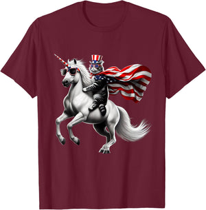 Cat riding Unicorn usa flag Patriotic 4th of July T-Shirt - T-Shirt | Maroon