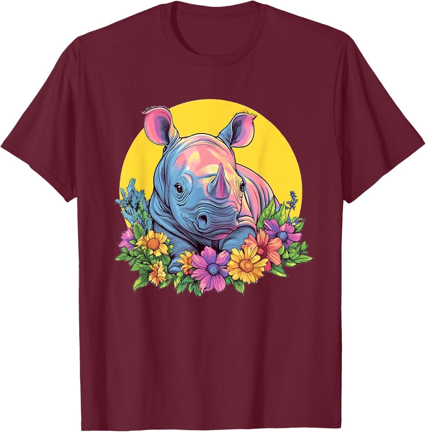 Cute Rhino With Flowers I Rhino T-Shirt - T-Shirt | Maroon