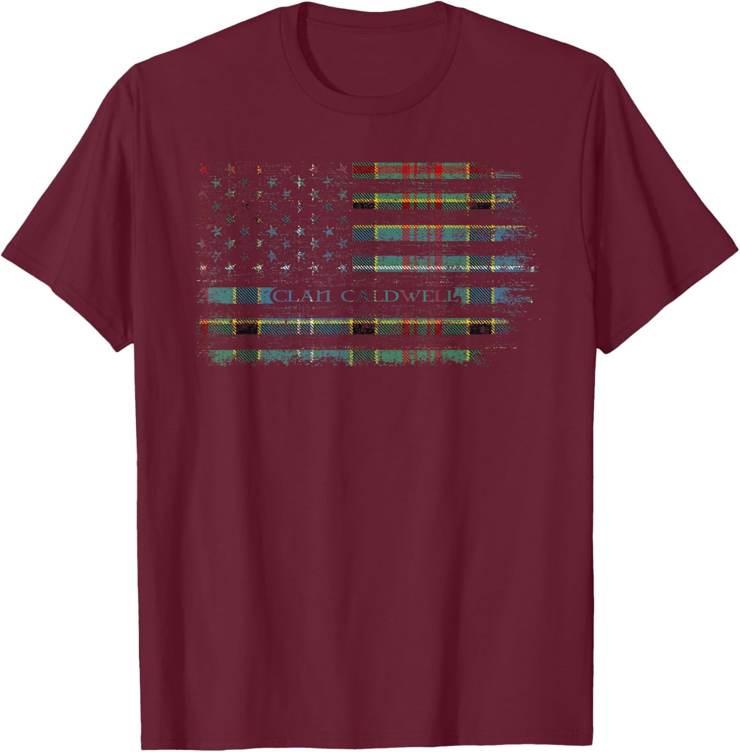 Clan Caldwell Scottish tartan US flag kilt Scotland T-Shirt - T-Shirt | Maroon