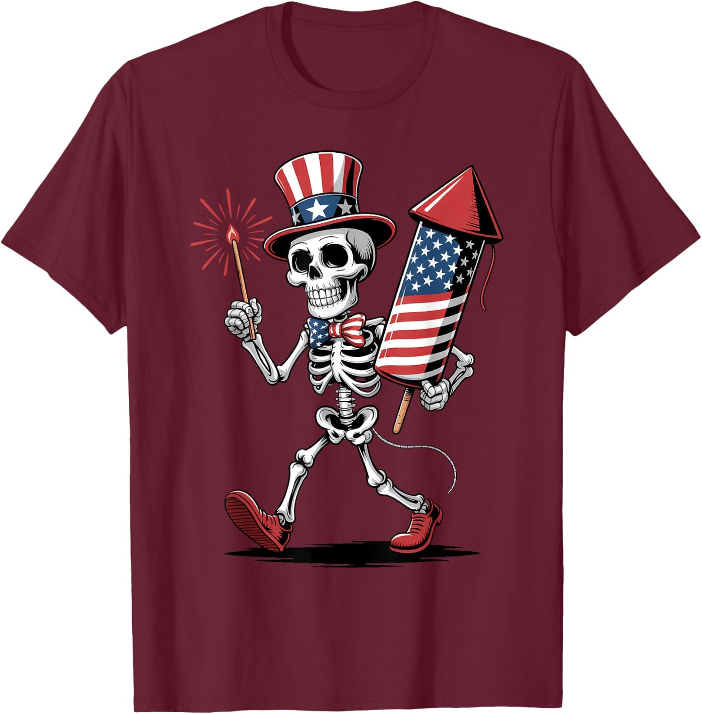 Happy 4th Of July Skeleton Holding Fireworks American Flag T-Shirt - T-Shirt | Maroon