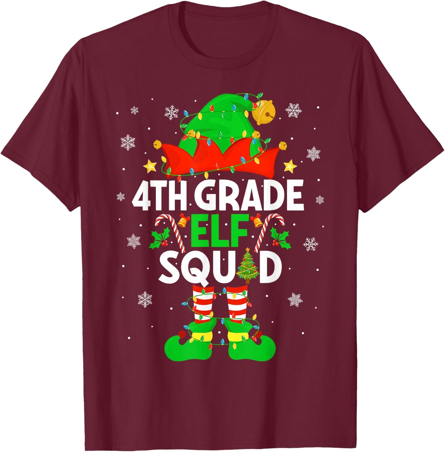 4th Grade Elf Squad Christmas Fourth Grade Christmas Teacher T-Shirt - T-Shirt | Maroon