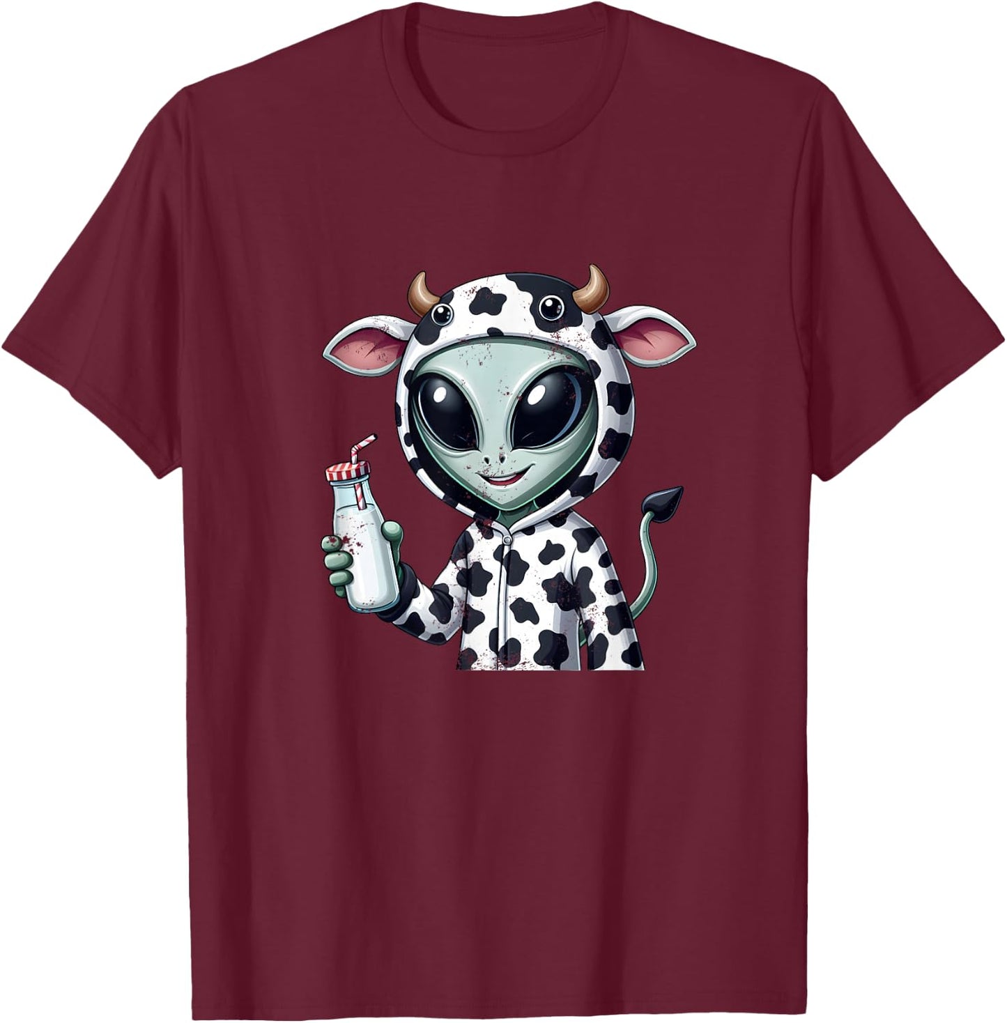 Alien in Cow Costume Holding Fresh Milk T-Shirt - T-Shirt | Maroon