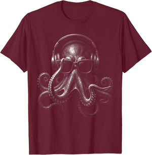 Octopus with Headphones Sunglasses DJ Music T-Shirt - T-Shirt | Maroon