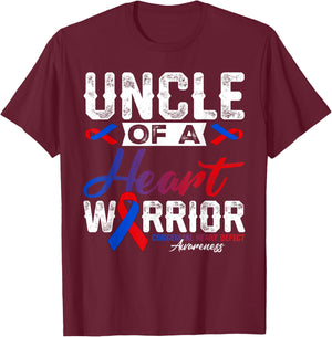 Uncle Of A Heart Warrior CHD Awareness Red Blue Ribbon Men T-Shirt - T-Shirt | Maroon