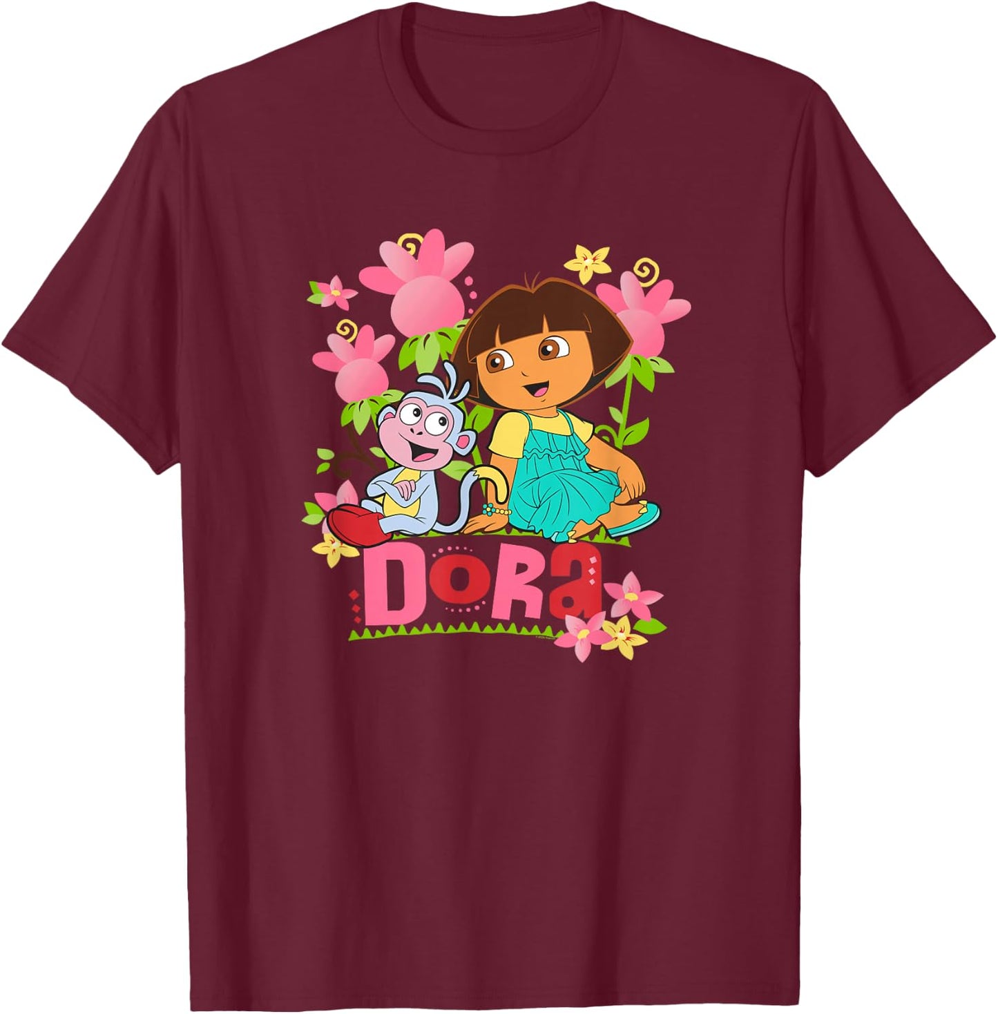 Dora The Explorer Boots Monkey Colorful Flowers , Black, S T-Shirt - T-Shirt | Maroon