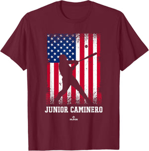 American Flag Swing Junior Caminero Prospect Baseball Fan T-Shirt - T-Shirt | Maroon