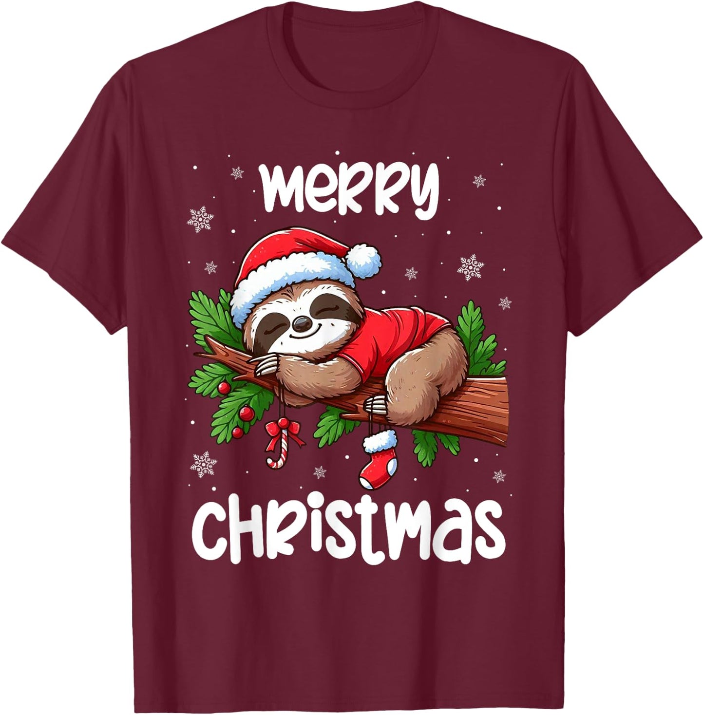Merry Christmas Sloth Lazy Funny Christmas Sloth Lover Xmas T-Shirt - T-Shirt | Maroon
