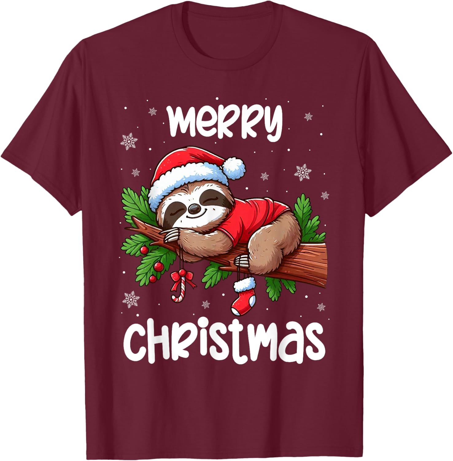 Merry Christmas Sloth Lazy Funny Christmas Sloth Lover Xmas T-Shirt - T-Shirt | Maroon