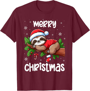 Merry Christmas Sloth Lazy Funny Christmas Sloth Lover Xmas T-Shirt - T-Shirt | Maroon