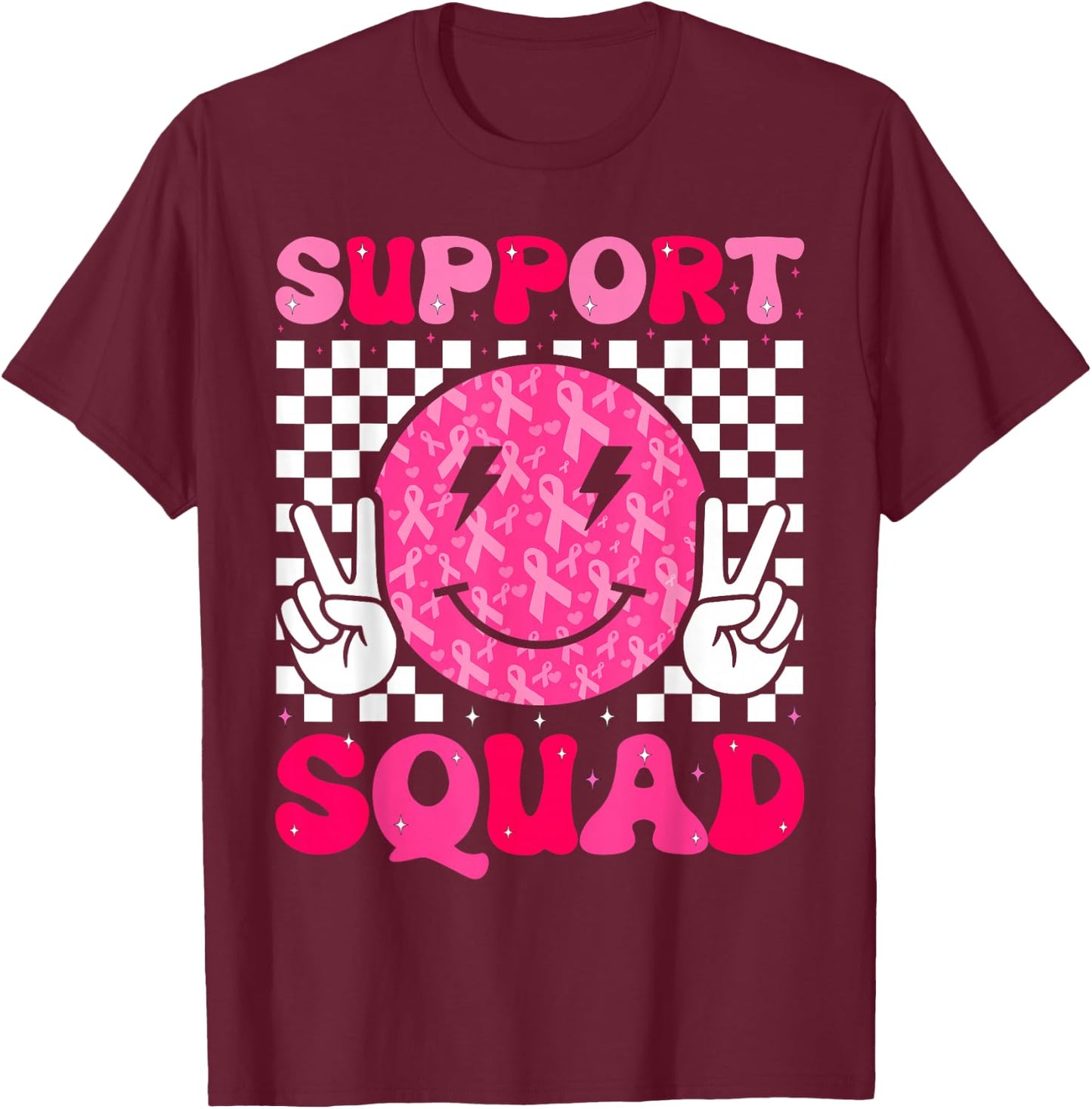 Retro Groovy Support Squad Kid Girl Breast Cancer Awareness T-Shirt - T-Shirt | Maroon