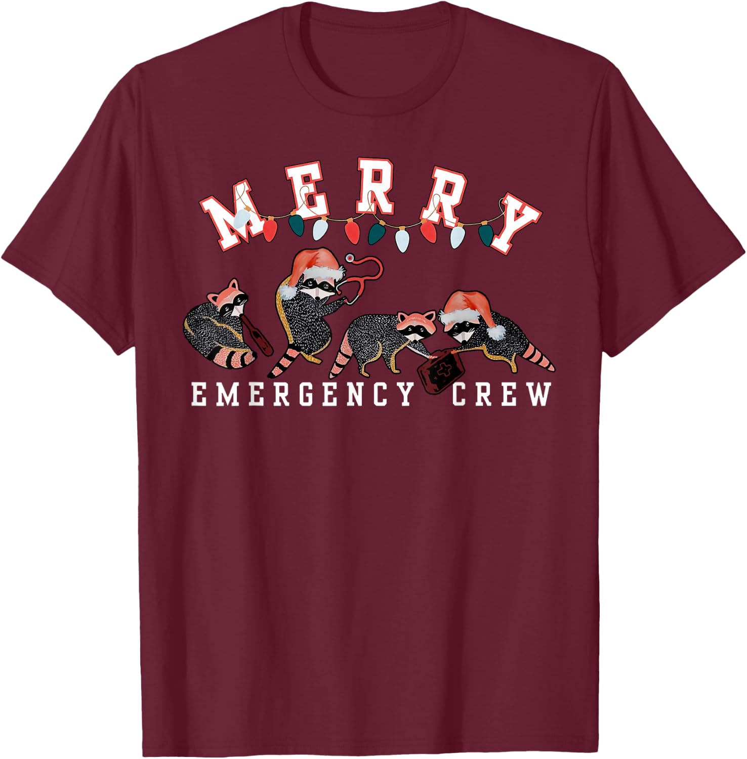 Cute Raccoon Emergency Nurse Crew Christmas ER Crew Nurse T-Shirt - T-Shirt | Maroon