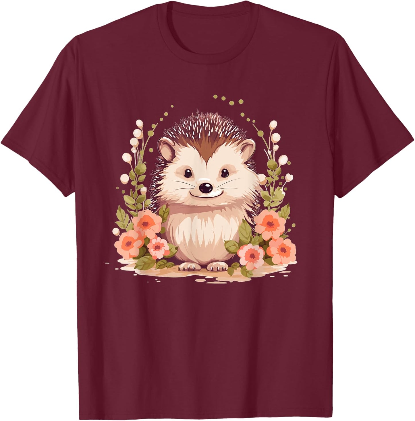 Cute Hedgehog With Flowers I Hedgehog T-Shirt - T-Shirt | Maroon