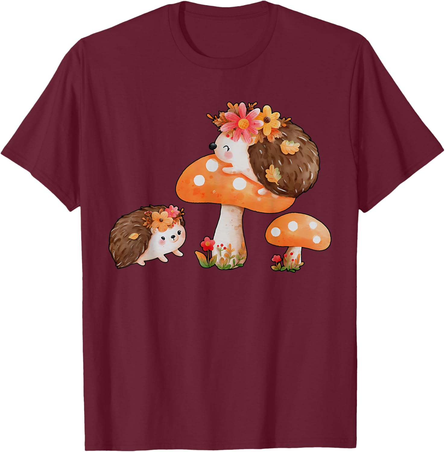 Cute Hedgehog Mushroom Fall Autumn Animal Lover T-Shirt - T-Shirt | Maroon