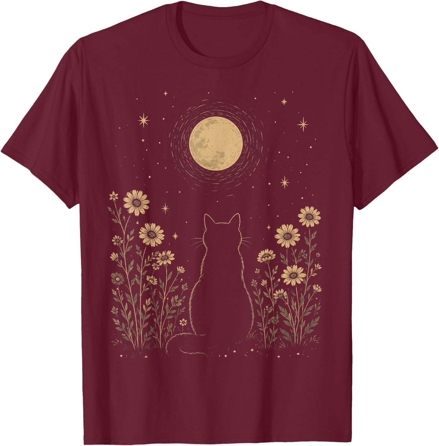 Moonlit Cat Beneath the Stars T-Shirt - T-Shirt | Maroon