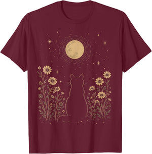 Moonlit Cat Beneath the Stars T-Shirt - T-Shirt | Maroon