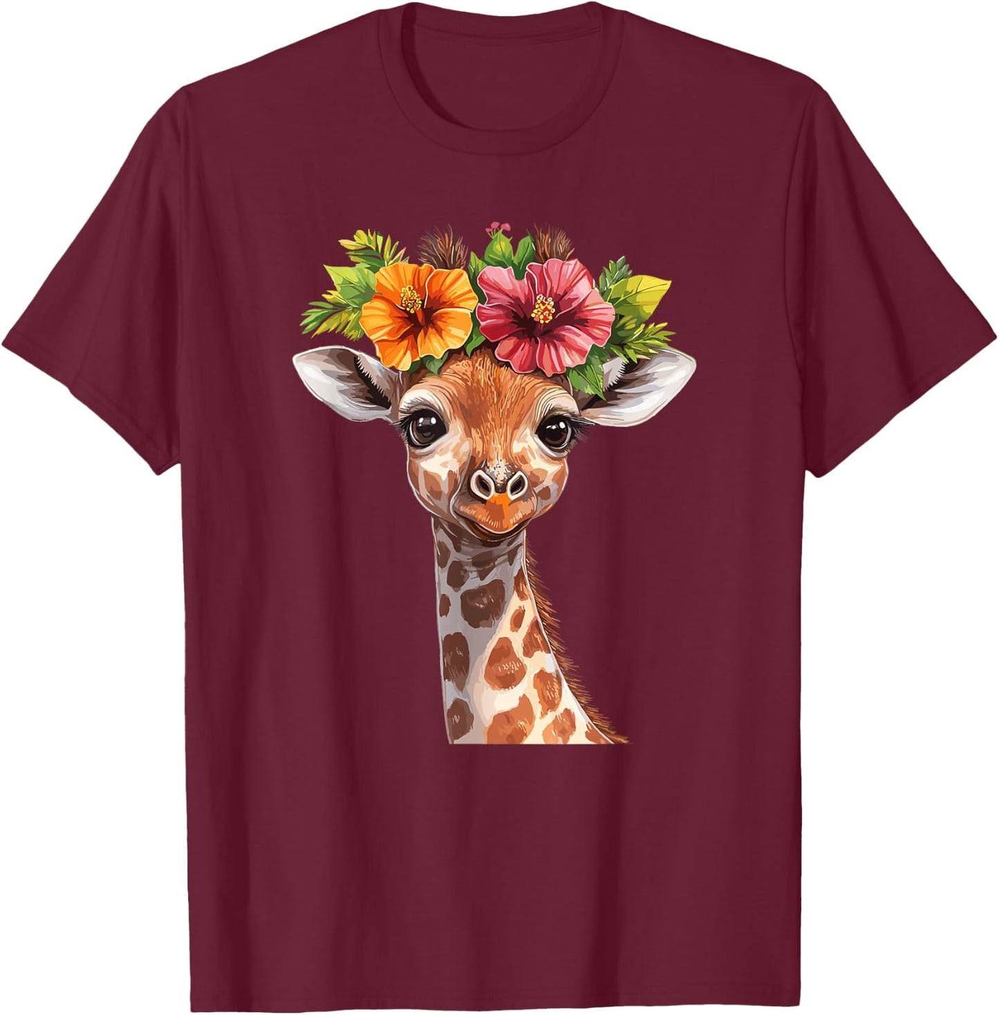 Cute Floral Giraffe With Flower Crown T-Shirt - T-Shirt | Maroon