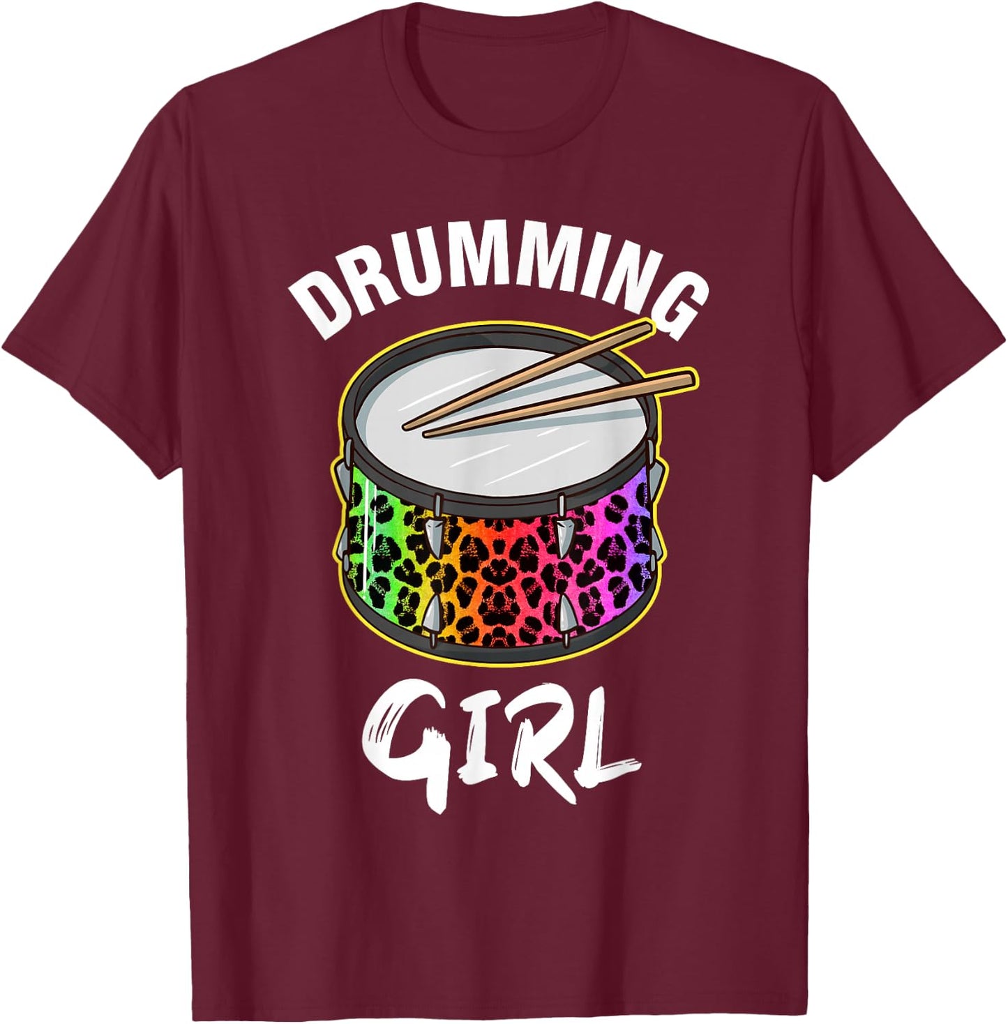 Drumming Girl Drums Leopard Marching Band Women Drummer T-Shirt - T-Shirt | Maroon