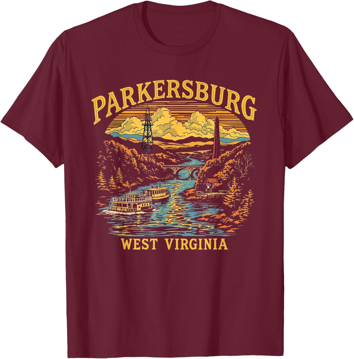 Vintage Parkersburg West Virginia Sunset Skyline Cityscape T-Shirt - T-Shirt | Maroon