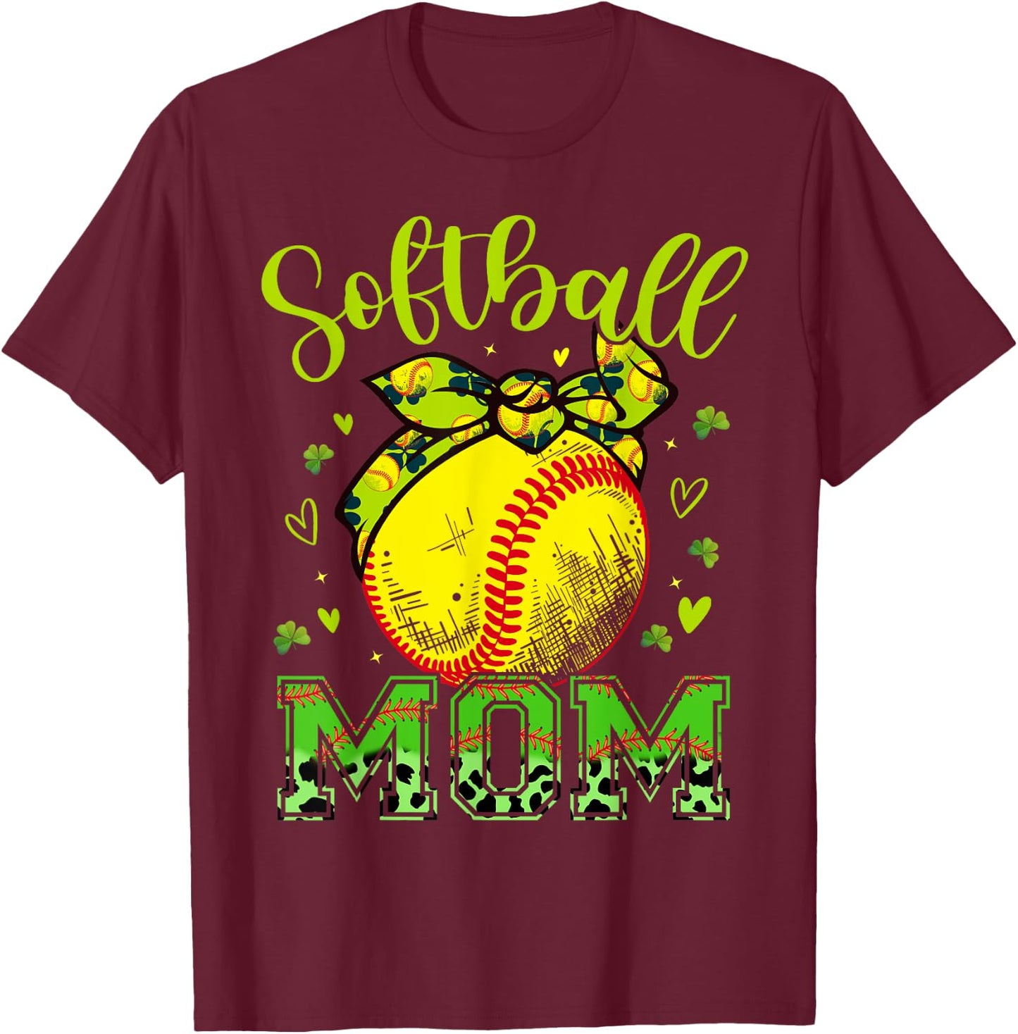 Softball Mom Headband Leopard Softball Ball St Patricks Day T-Shirt - T-Shirt | Maroon
