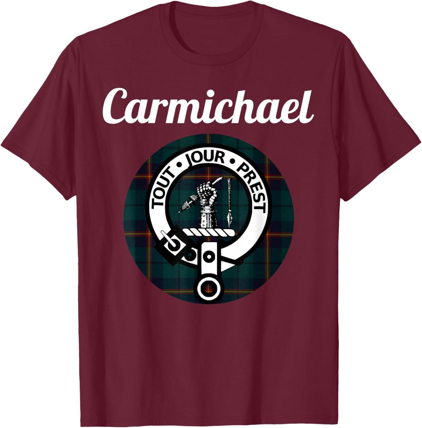 Carmichael Clan Scottish Name Coat of Arms Tartan T-Shirt - T-Shirt | Maroon