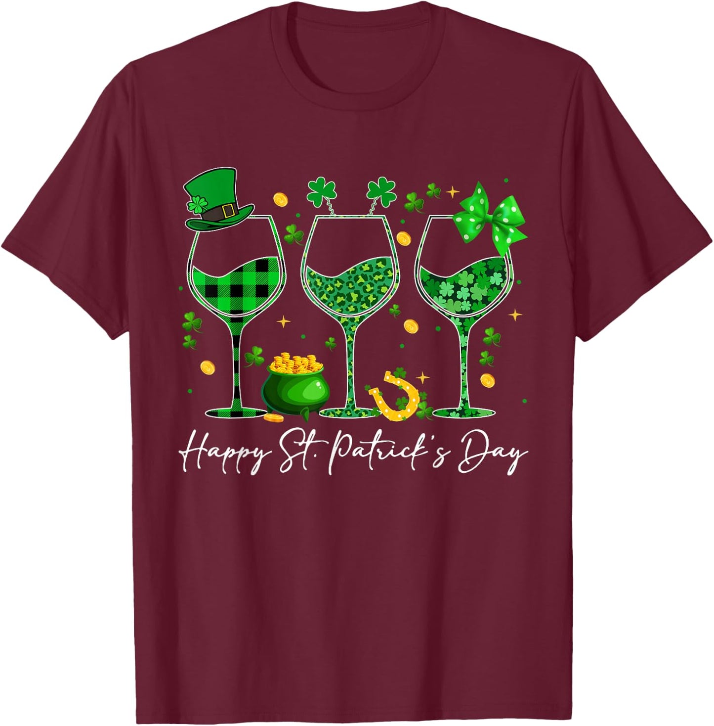 Wine St Patricks Day Leopard Green Shamrock Wine Glasses T-Shirt - T-Shirt | Maroon