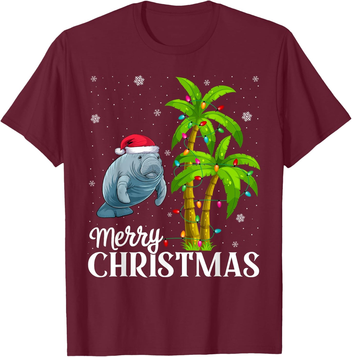 Manatee Lovers Men Women Christmas Tree Lights Beach T-Shirt - T-Shirt | Maroon