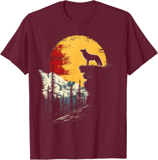 Wolf Moon Nature Mountains Wildlife Vintage T-Shirt - T-Shirt | Maroon