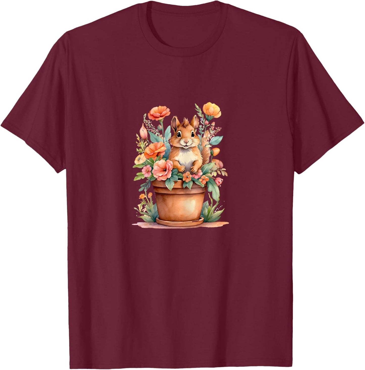 Cute Squirrel and Spring Flowers T-Shirt - T-Shirt | Maroon