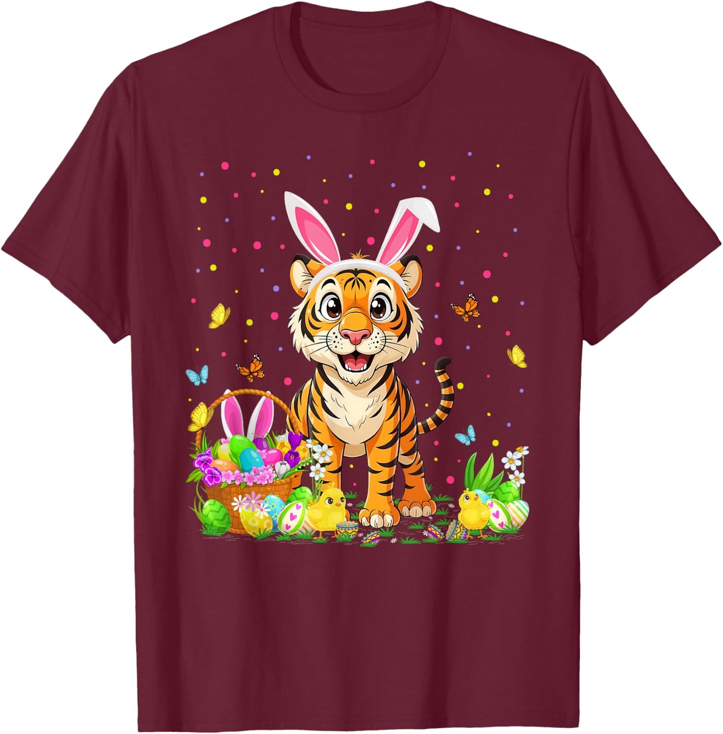 Tiger Easter Egg Hunt Bunny Ear Tiger Happy Easter T-Shirt - T-Shirt | Maroon