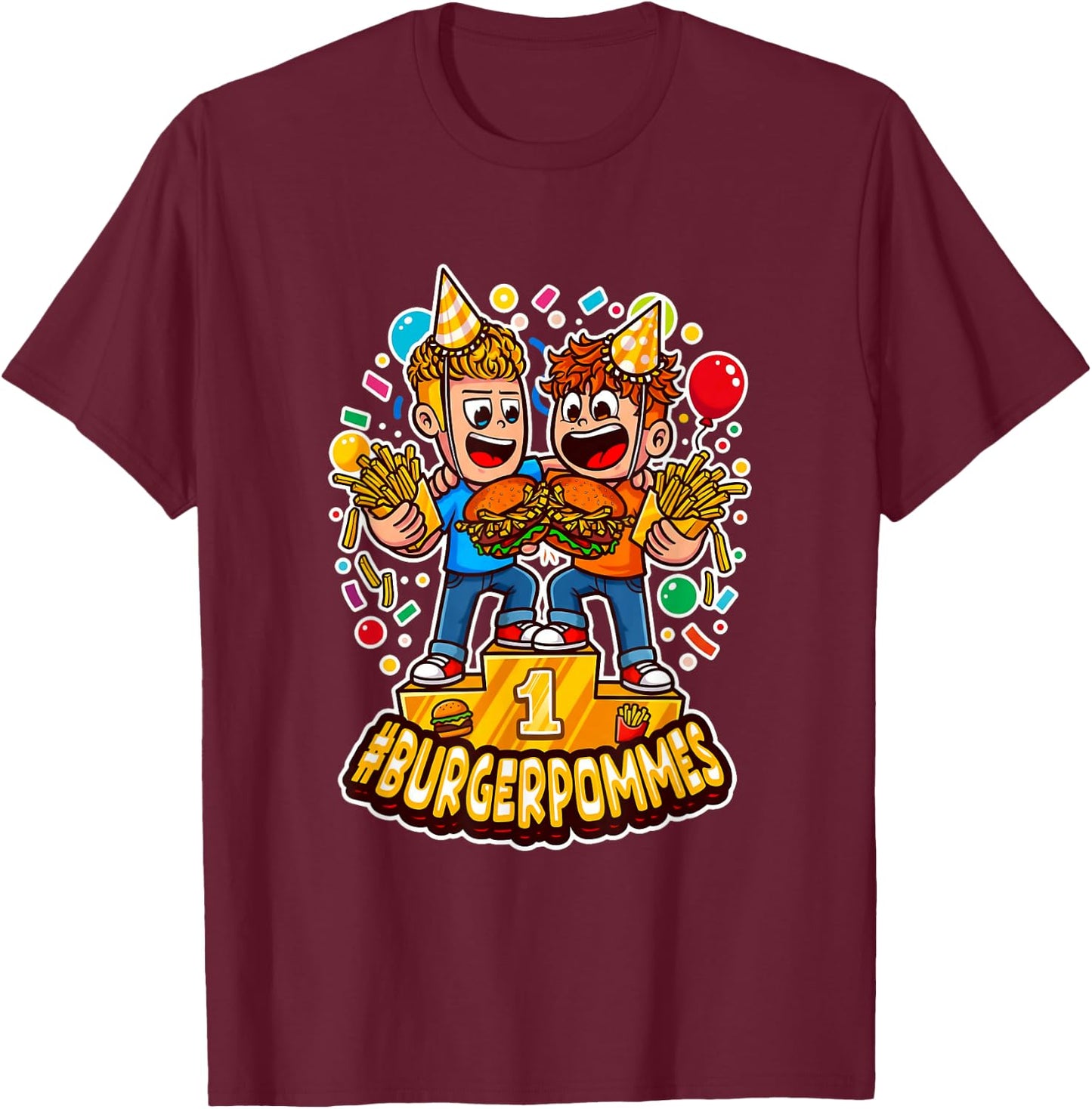 Cute Burger.Pommes Cartoon Art Sieger Podest Foodie T-Shirt - T-Shirt | Maroon