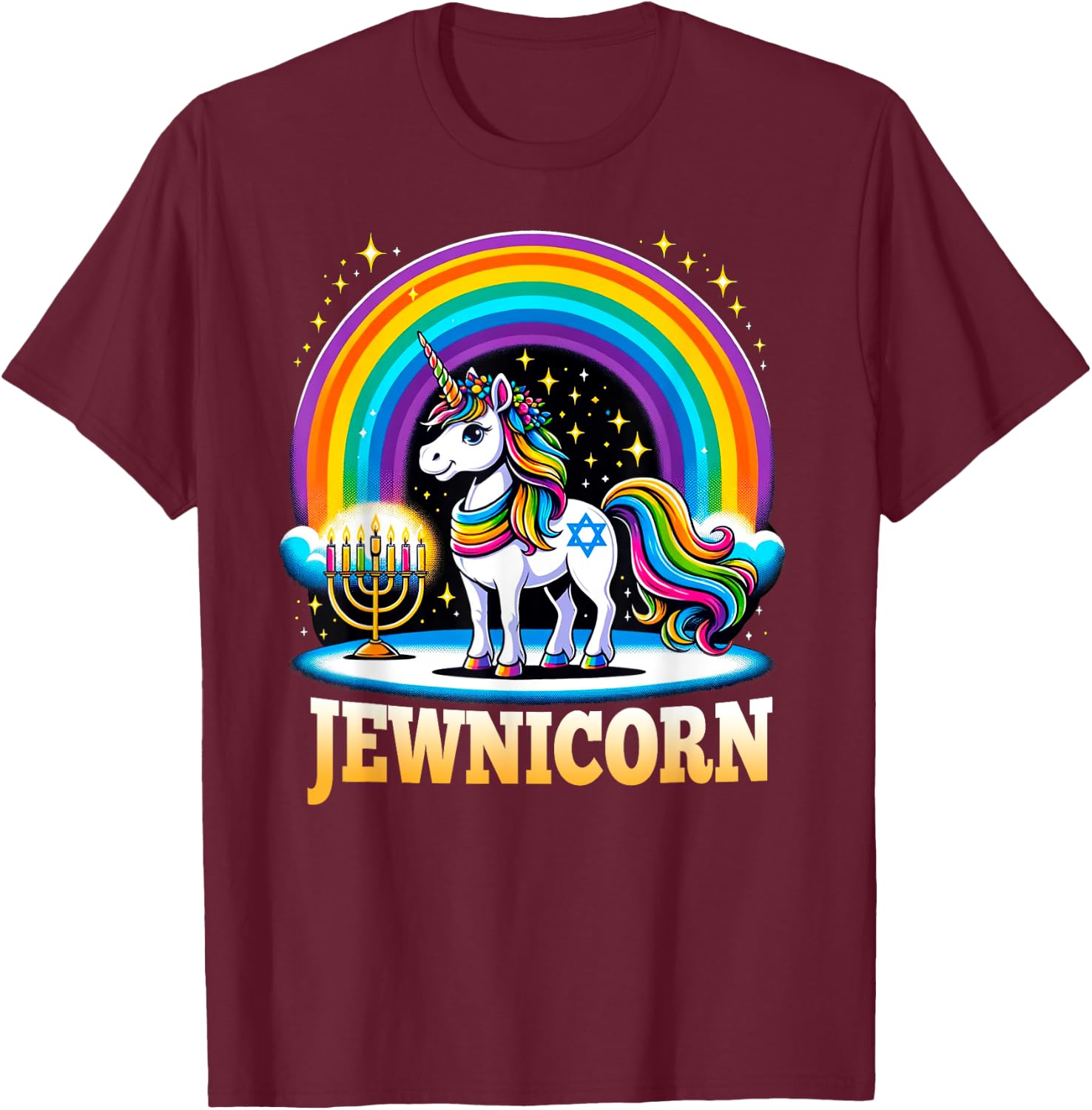 Jewnicorn Jewish Pride Unicorn Menorah Rainbow T-Shirt - T-Shirt | Maroon