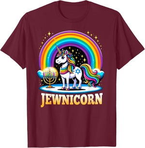 Jewnicorn Jewish Pride Unicorn Menorah Rainbow T-Shirt - T-Shirt | Maroon