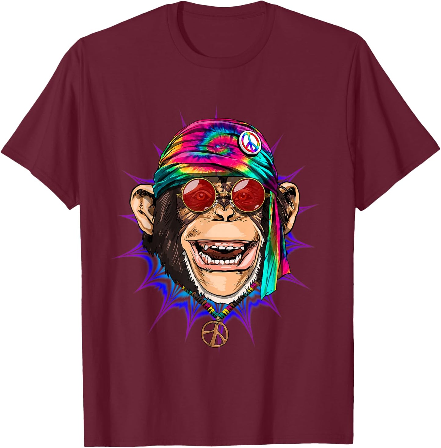 Tie Dye Hippie Monkey Hippiness Peace Love Monkey T-Shirt - T-Shirt | Maroon