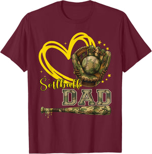 Softball Dad Camo Heart Father Daddy Papa Family Pride T-Shirt - T-Shirt | Maroon