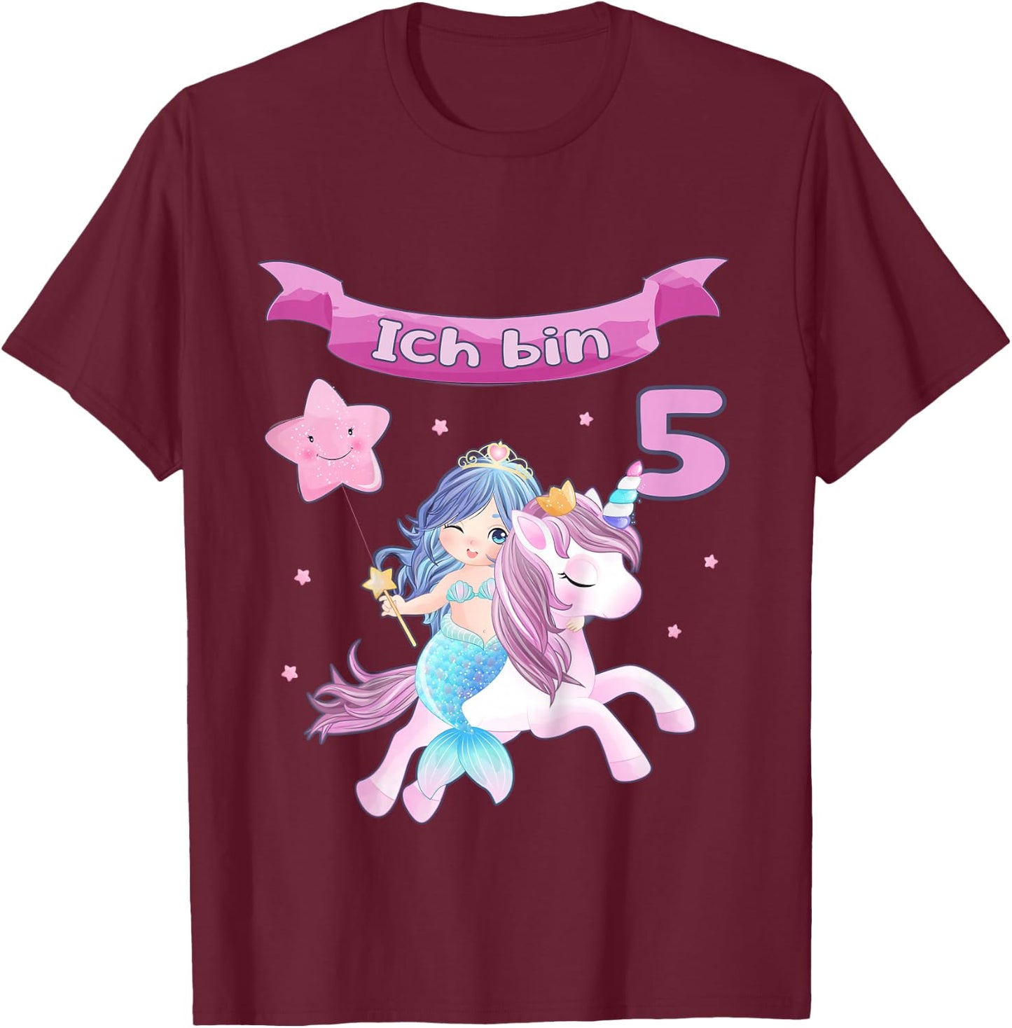 Children's 5th Birthday - Unicorn and Mermaid Girl 5 Years T-Shirt - T-Shirt | Maroon