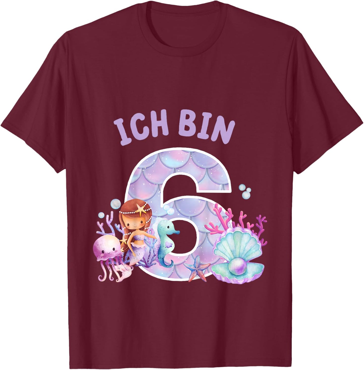 Kids Kids 6th Birthday Shirt Mermaid Mermaid Girls 6 Years , black T-Shirt - T-Shirt | Maroon