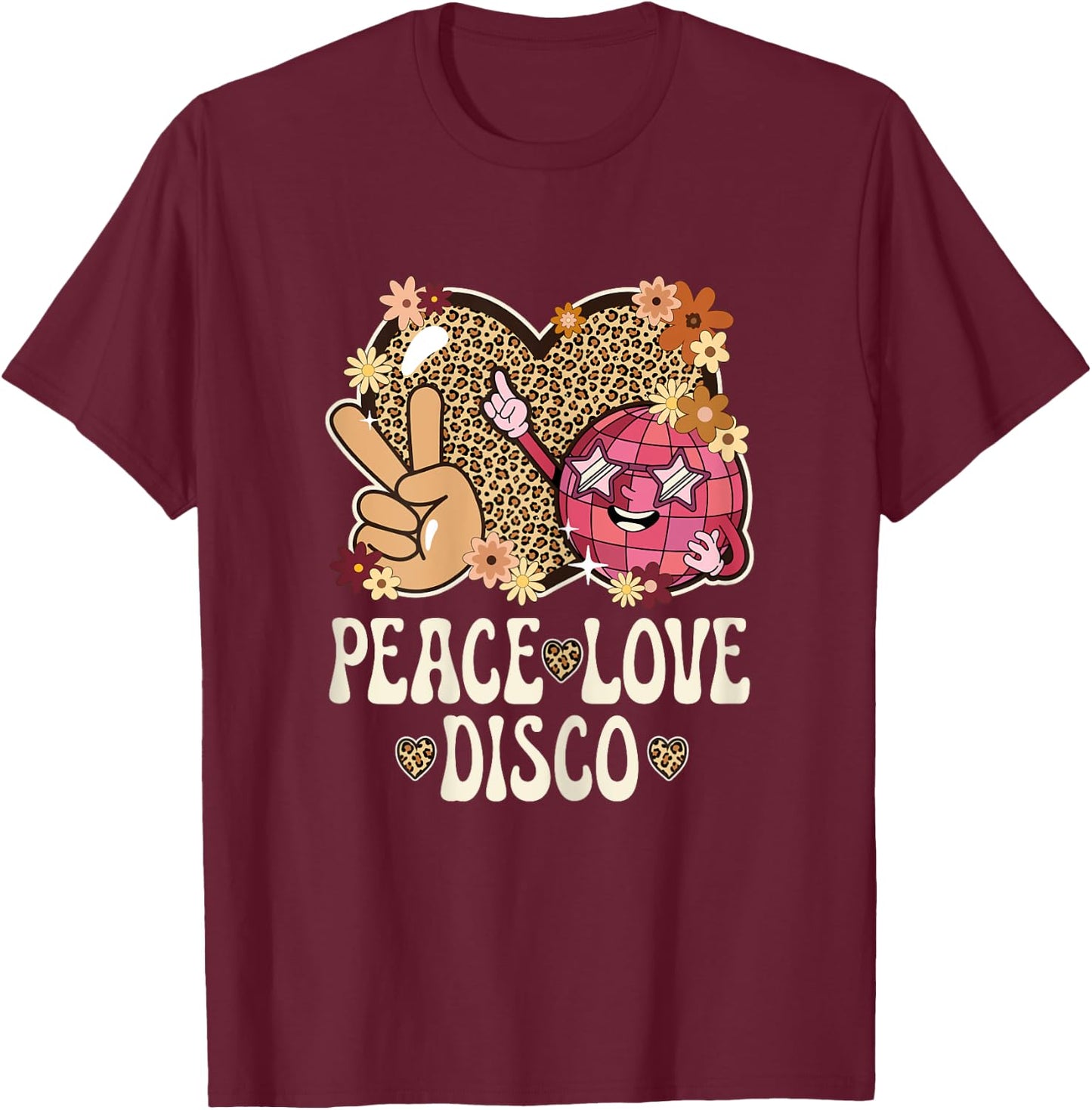 Peace Love Disco Outfit Leopard Print Women Girls 70s Disco T-Shirt - T-Shirt | Maroon