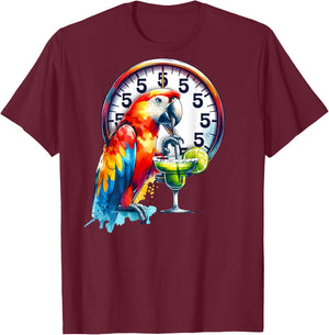 On Back Always 5 O'clock Colorful Parrot Drinking Margarita T-Shirt - T-Shirt | Maroon